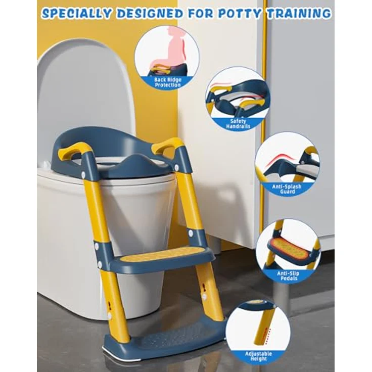 Xespis Kinder Toilettensitz mit Treppe, rutschfeste Toilettenleiter für Kinder, einstellbar und klappbar, Blau/Gelb – Bild 3