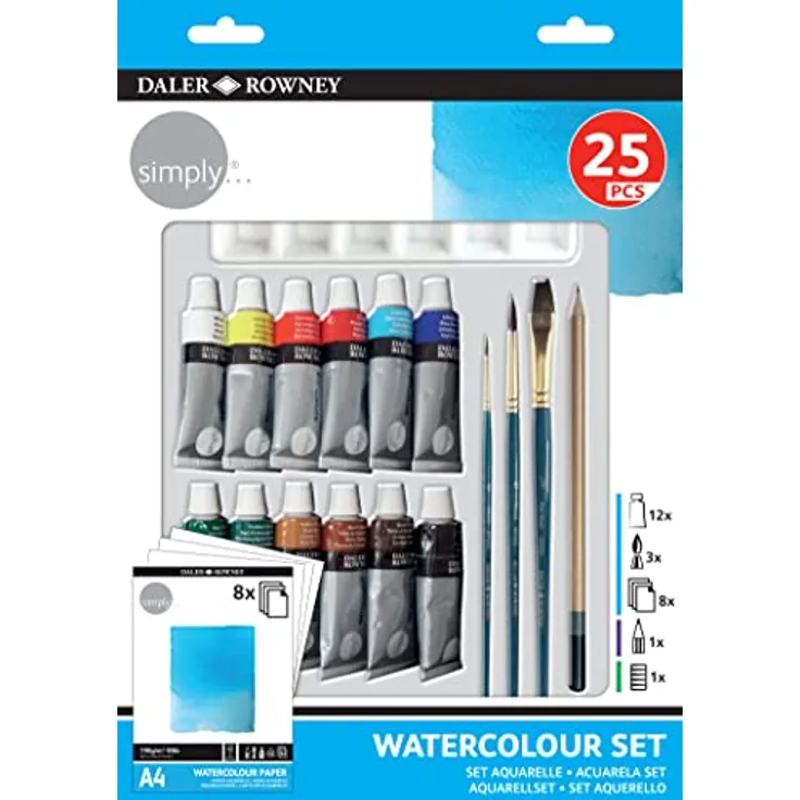 Daler Rowney Simply Aquarellmalset, 25-teilig, ideales Starterset mit 12 leuchtend kräftigen Farbnuancen