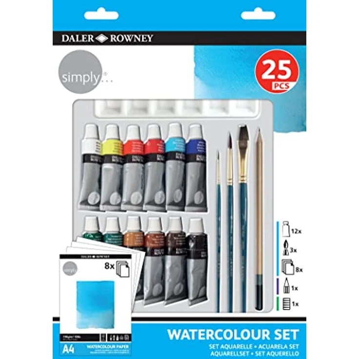 Daler Rowney Simply Aquarellmalset, 25-teilig, ideales Starterset mit 12 leuchtend kräftigen Farbnuancen – Bild 1