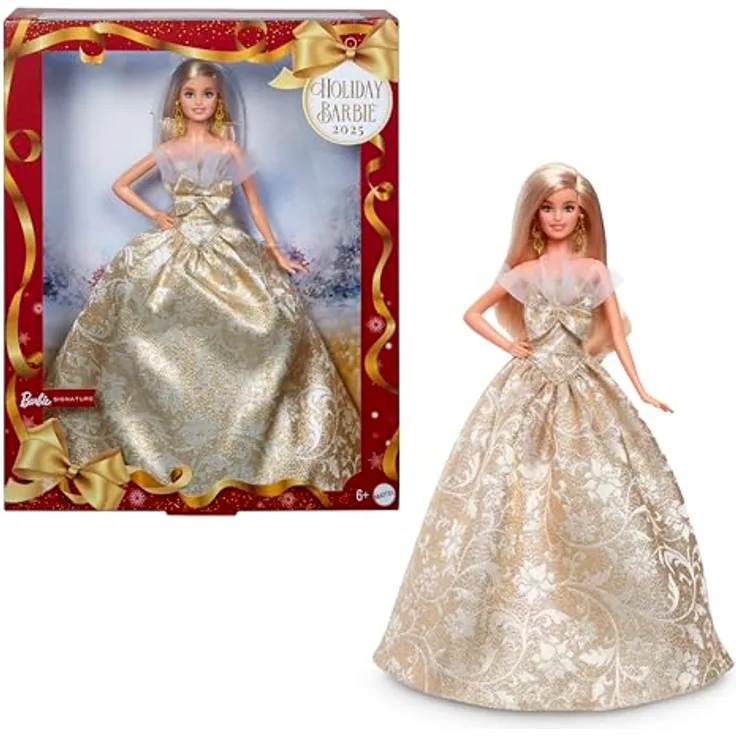 Barbie Barbie Signature Holiday Barbie 2025, Anziehpuppe mit trägerlosem silbernen und goldenen Damast-Kleid, inklusive Puppenständer und Echtheitszertifikat