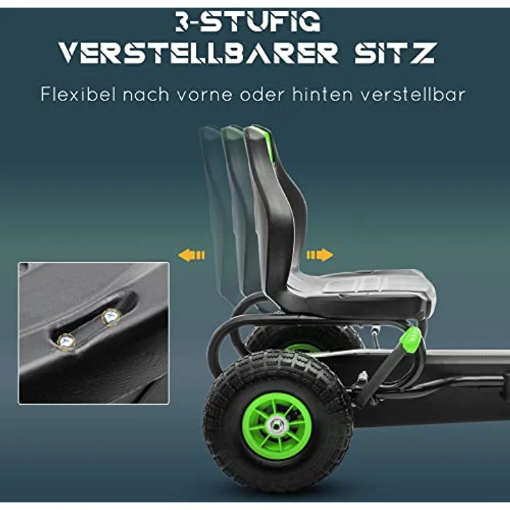 HOMCOM Gokart, Kinderfahrzeug mit verstellbarem Sitz, Tretauto mit Gummireifen, Pedal und Handbremse, Kettcar für Kinder ab 5 Jahren, Outdoor, Grün+Schwarz – Bild 3