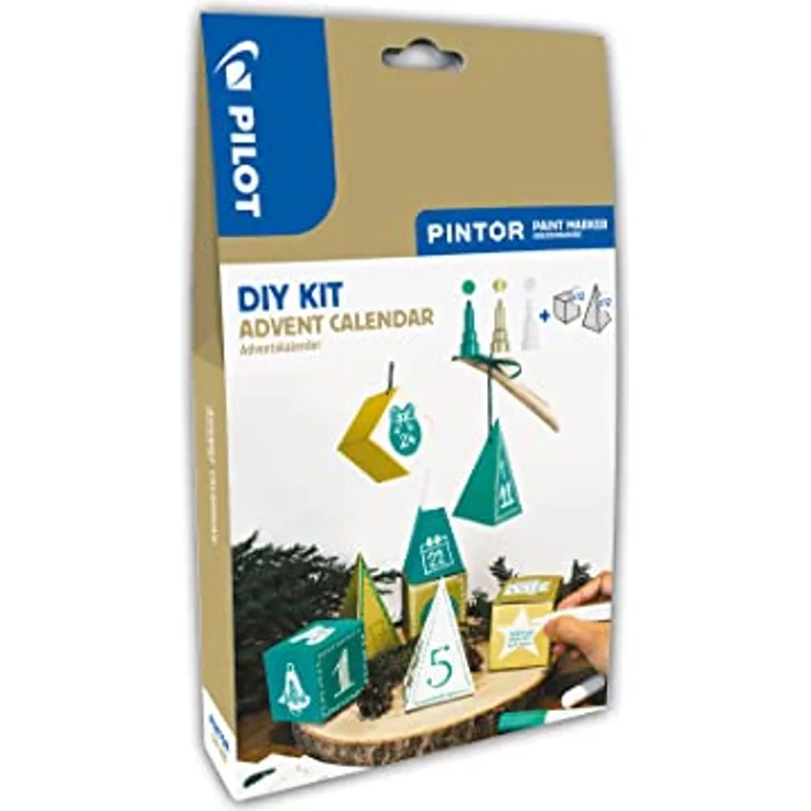 Pilot PINTOR DIY Adventskalender zum Befüllen – Bastel-Set mit 3x Kreativmarker und 24 individuell gestaltbaren Pappschachteln zum Falten, weihnachtliche Farben Grün, Gold und Weiß