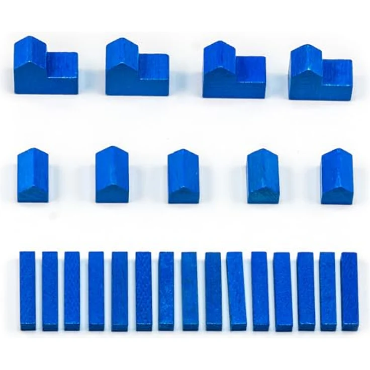 Waldfelsen® Holzfiguren für Die Siedler, 4 Städte, 5 Siedlungen und 15 Straßen, blau – Bild 1