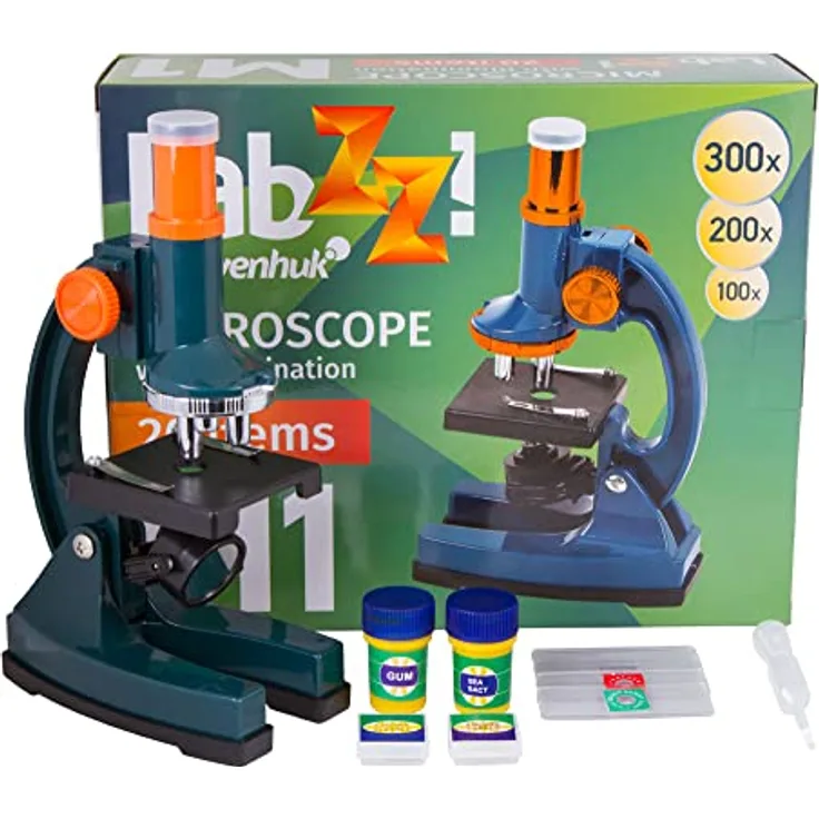 Levenhuk LabZZ M1 Kindermikroskop mit Zubehörset (Pipette, Präparierte Objektträger, Leere Objektträger, Deckgläser, Objektträgeraufkleber, Meersalz Enthalten)