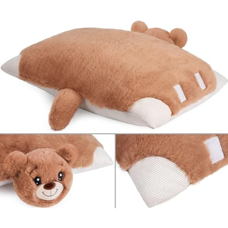 BRUBAKER Kuscheltier-Kissen Bär - 2 in 1 Teddybär und Kuschelkissen - 40 x 30 cm Plüschtier - aufklappbares Kinder Plüschkissen mit Klettverschluss - Tierkissen Stofftier Teddy - Braun – Bild 5