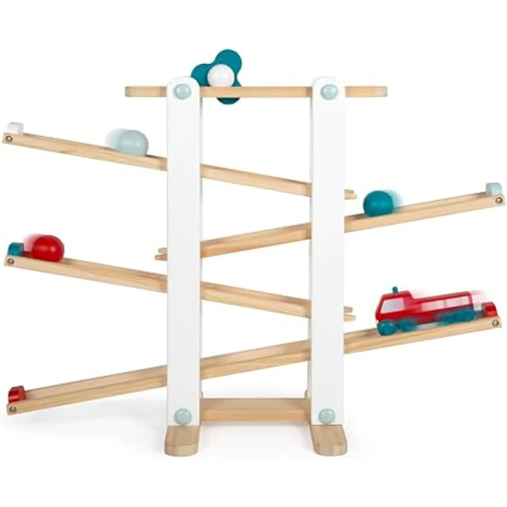 Small Foot Kugelbahn aus Holz XL Motorikspielzeug mit 3 Kugeln und Feuerwehrfahrzeug, naturfarben – Bild 2