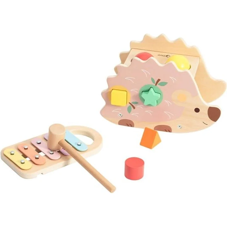 Classic World Wooden Hammer Bench Hedgehog, Babyspielzeug mit Xylophon und Formensortierer, 9 Teile, geeignet ab 10 Monaten