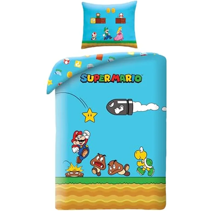 Halantex Bettwäsche Super Mario Blau, Bettbezug 140 x 200 cm + Kissenbezug 70 x 90 cm, 100 % Polyester, schadstoffgeprüft nach OEKO-TEX Standard 100, maschinenwaschbar