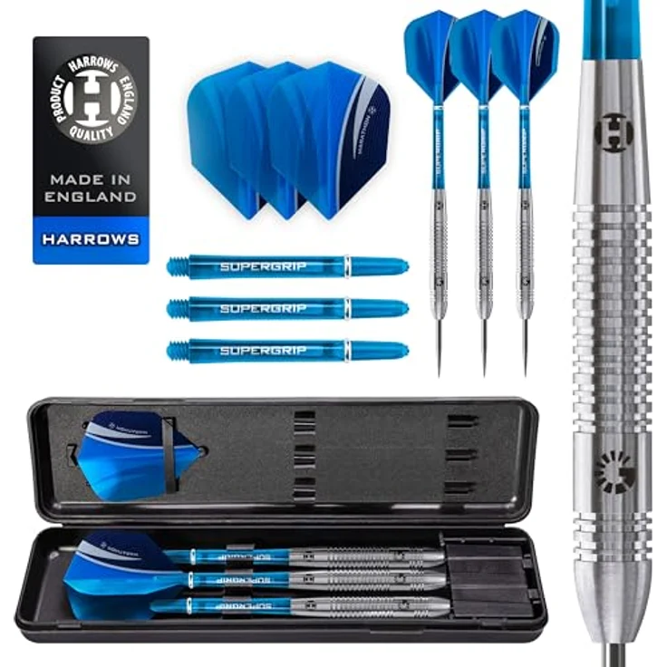 Harrows Genesis Steel-Dartpfeile, Dartpfeile mit Wolframstahlspitze, 25 g, High Traction Grip Supergrip, inklusive Shart Marathon Flights und Reiseetui – Bild 1