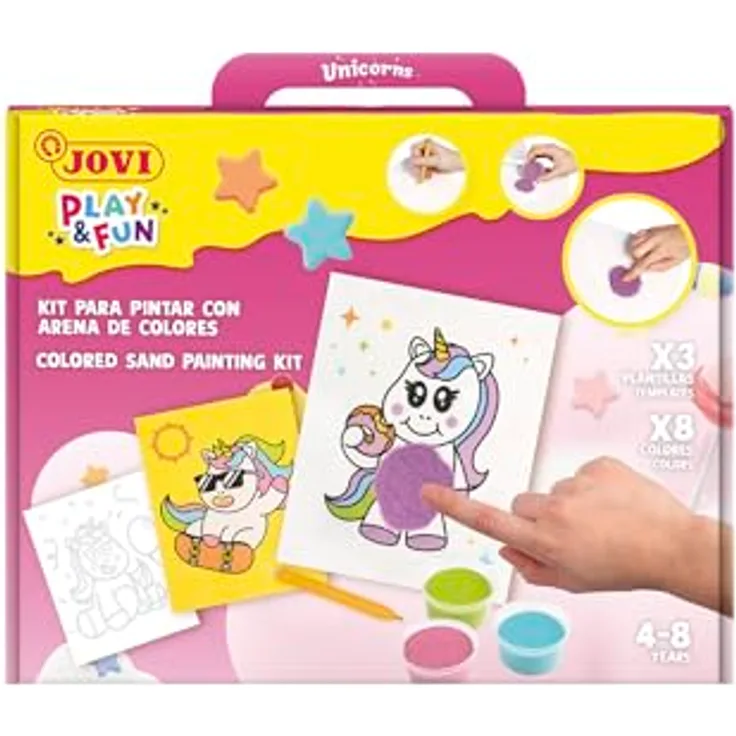 Jovi Play&Fun Sandmalerei-Set, 8 Dosen farbiger Sand mit Schablonen für Einhörner, ungiftig, ab 3 Jahren (2105)
