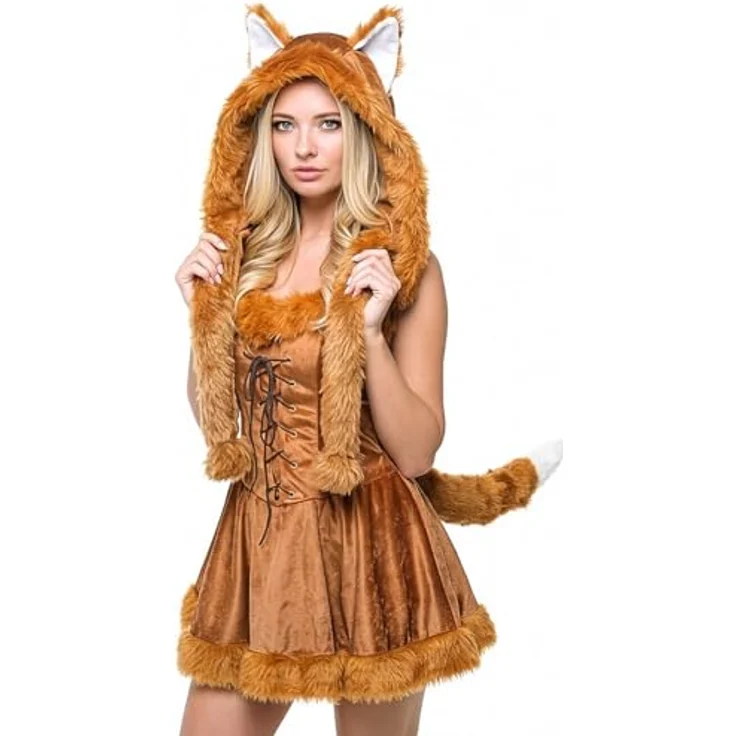 Maskworld Foxy Lady Fuchs Kostüm für Damen, fünfteilig, rostrotes Minikleid XXL mit Kapuze und Puschelschwanz, ideal für Karneval, Halloween & Motto-Party – Bild 1