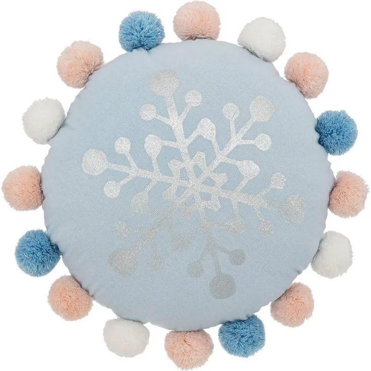 Atmosphera for kids Zierkissen Hiver, Rund, Blau, 33 cm Durchmesser, Kinderdekokissen aus Polyester mit silberner Schneeflocke