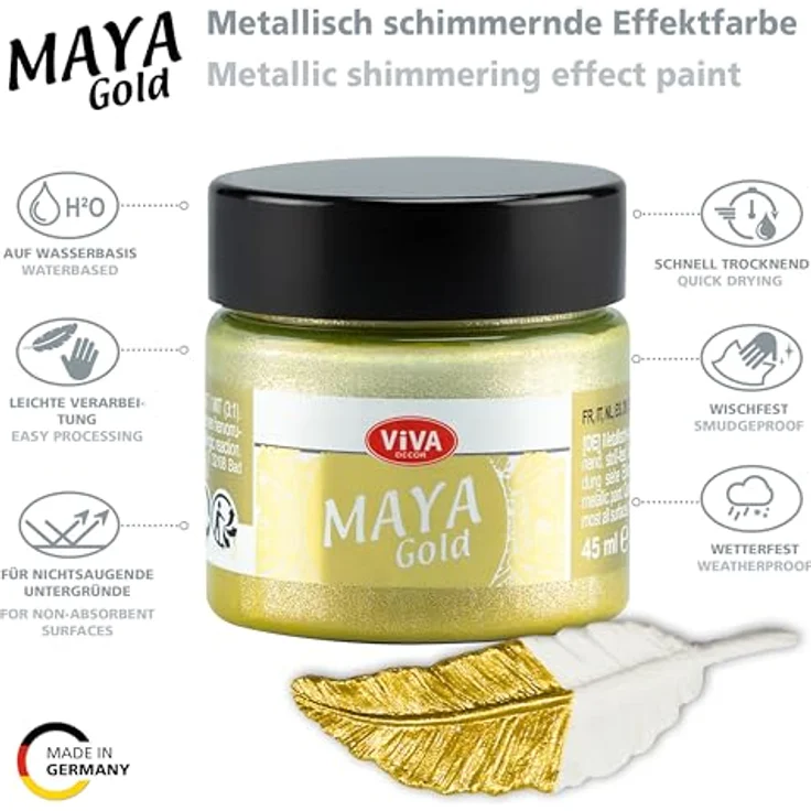 Viva Decor Maya Gold 45ml (Alt Gold), Metallic-Acrylfarbe mit authentischem Metallglanz für Holz, Glas und Porzellan, stoßfest, wischfest und wetterfest – Bild 3