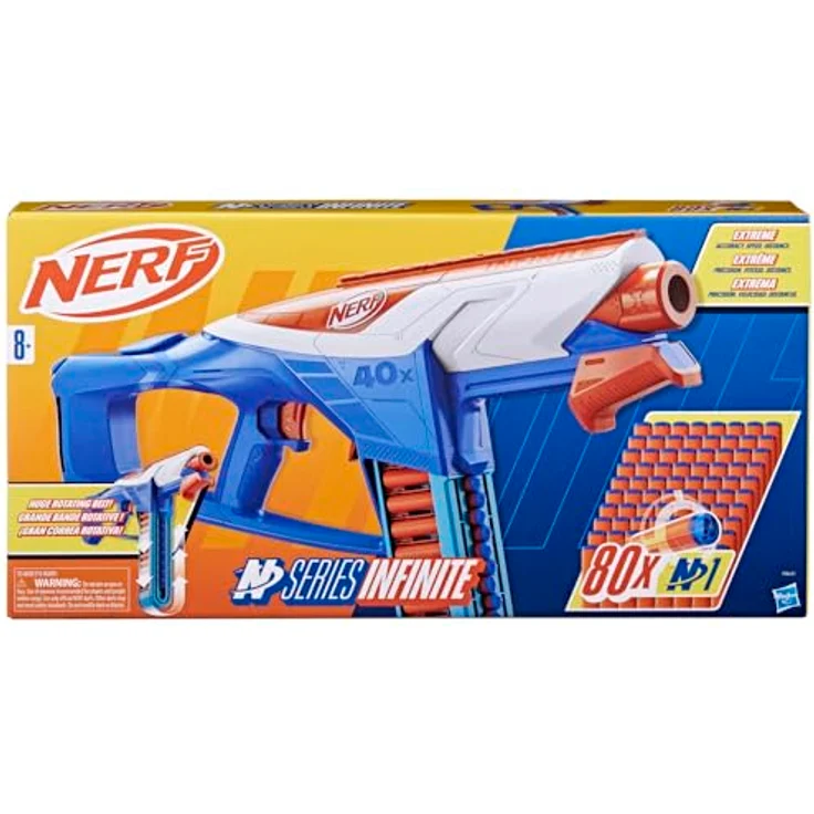 NERF N Series Infinite Blaster und 80 präzise N1 Darts, Spannschlitten und abnehmbares Gurtmagazin, Pump-Action Blaster für Fortgeschrittene, Jungen und Mädchen, Blau – Bild 3
