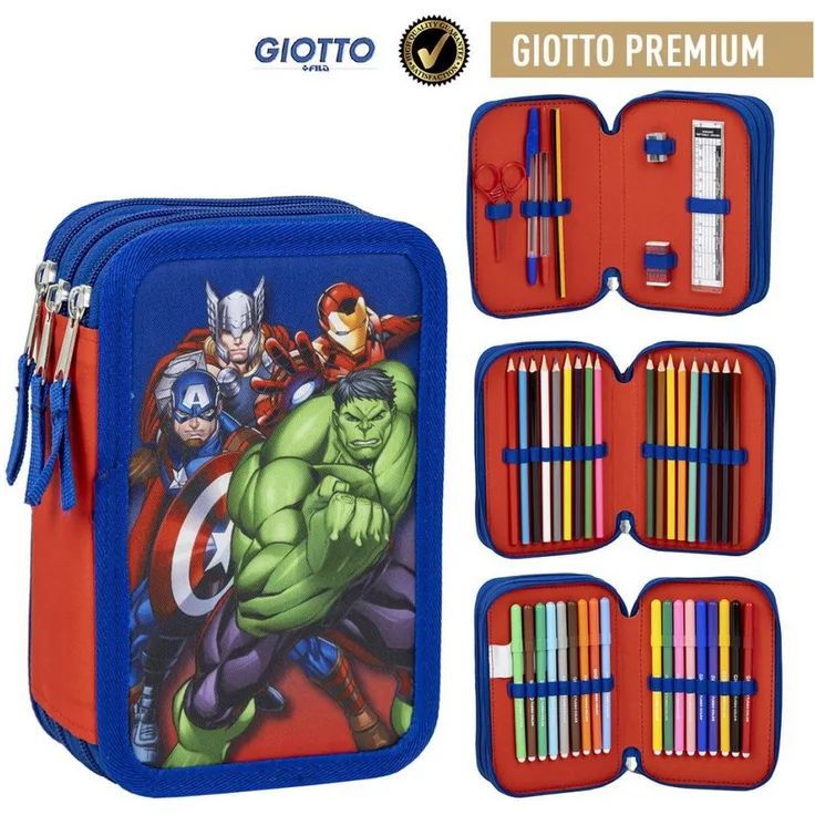 The AVENGERS Federmäppchen Avengers Team, gefülltes 3-lagiges Mäppchen mit 18 Buntstiften, 18 Farbmarkierungen, Radiergummi, Spitzer, Lineal und mehr, ca. 21 × 10 × 7 cm
