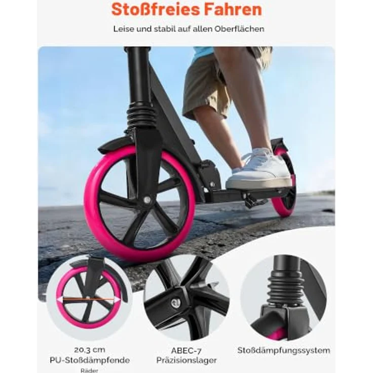 VEVOR Scooter für Kinder ab 8 Jahren, pink, höhenverstellbarer Lenker, rutschfestes Deck, leicht und faltbar, Belastbarkeit bis 100 kg, 8-Zoll-Stoßdämpferräder – Bild 3
