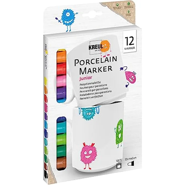 KREUL 16350 - Porcelain Marker "Junior", Monstermäßiges Farben-Set mit Porzellanmalstiften für Kinder, zum Bemalen von Porzellan, Keramik, Glas