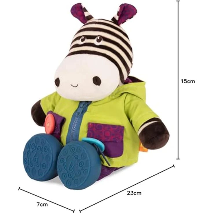 B. toys Zebra Kuscheltier zum Anziehen lernen – Schleife, Reißverschluss, Klettverschluss, Knopf – Lernspielzeug mit Geräuschen für Kinder ab 2 Jahre – Bild 10
