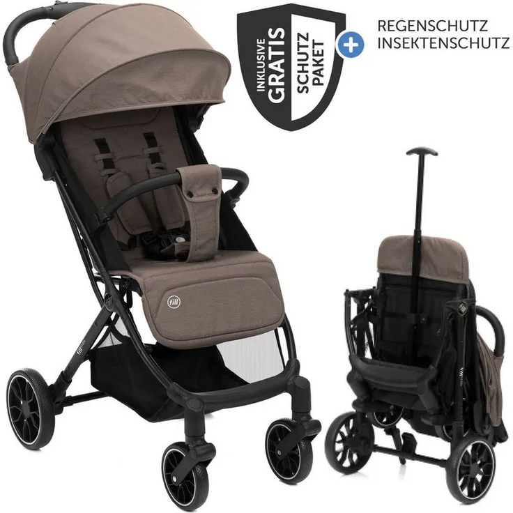 Fillikid Sport-Kinderwagen Fill Rover, Taupe, bis 22 kg mit Liegefunktion, 5-Punkt-Gurt und Regenschutz, nur 6,8 kg