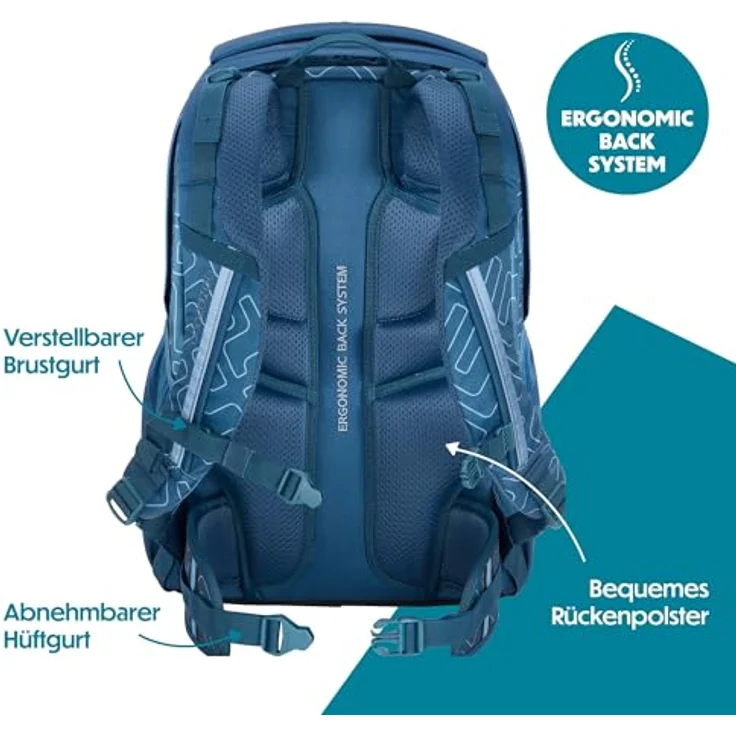 Coocazoo Every „Blue Maze“, ergonomischer Schulrucksack, höhenverstellbar, 30 Liter, blau, mit Brustgurt & Hüftgurt, für ab der 3. Klasse – Bild 4