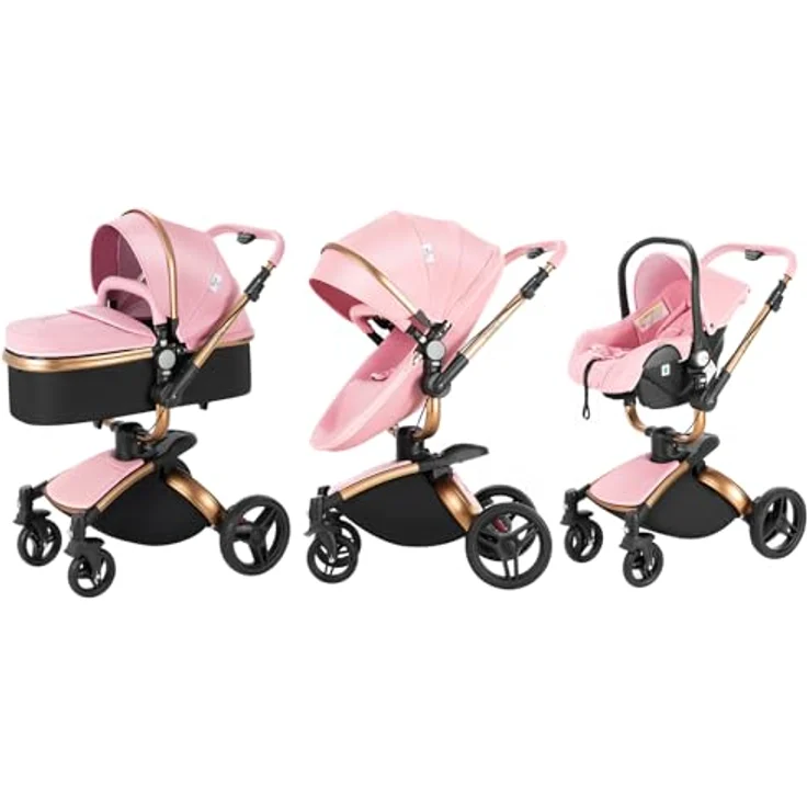 3 in 1 Kombikinderwagen Kinderwagen 3-in-1 Dreirad Lauflernhilfe Hochlandschaft Kinderwagen Faltbarer Kinderwagen Babywagen Babywagen für Baby 0-36 Monate (Rosa) – Bild 3