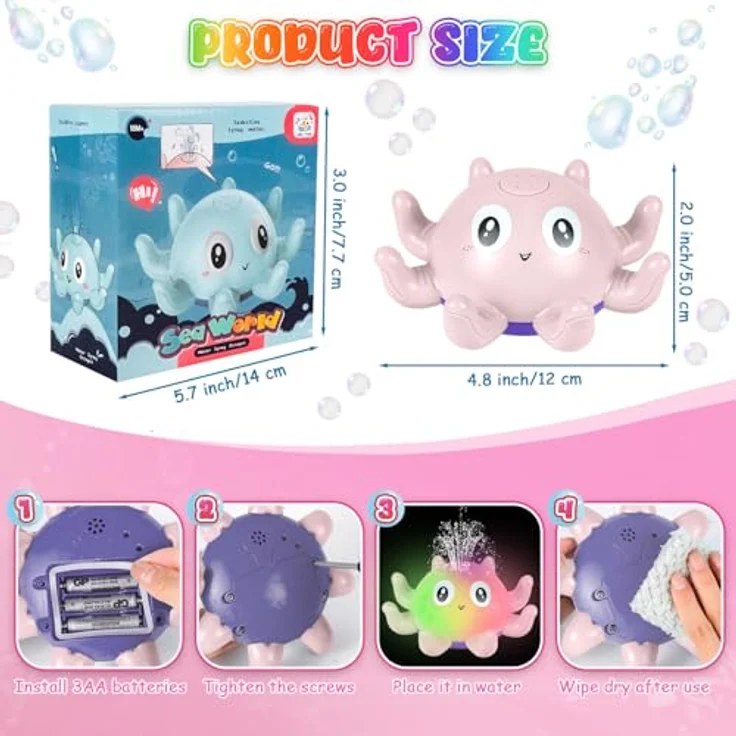 Jiosdo Oktopus Badespielzeug, Wasserspray Spielzeug mit Licht und Auto-Sensing, leuchtendes Badewannenspielzeug für Kinder (Rosa) – Bild 5