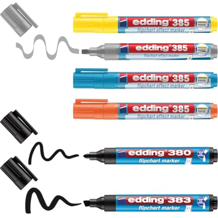 edding Flipchartmarker Set Highlight + Shading - 6er-Set - Gelb, Grau, Orange, Hellblau, Schwarz - Komplettset für alle Papiersorten - Cap-off Ink Technologie - Faltbares Etui mit Tipps – Bild 1