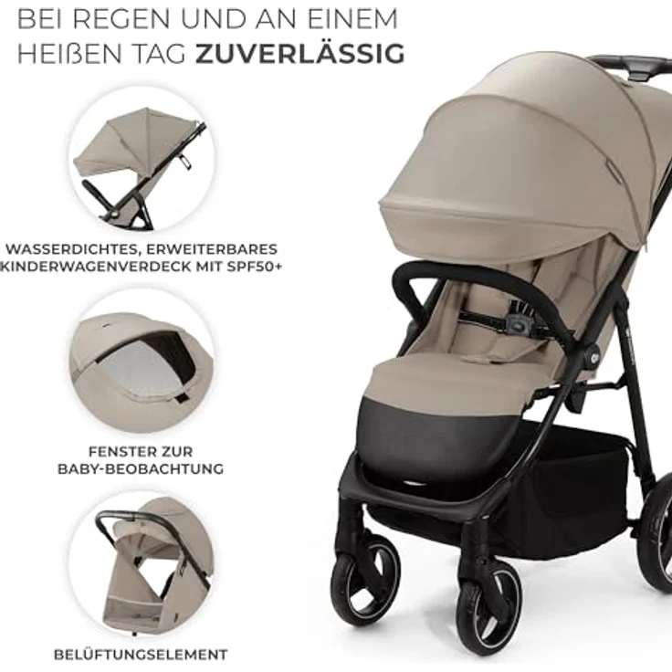 Kinderkraft TRIG 3 Kinderwagen, Kinderbuggy, Liegewagen, Sportwagen, Buggy, Zusammenklappen, Breiter und tiefer Sitz, mit Liegeposition, 4 Rad Dämpfung, Großes Dach, 5-Punkt-Gurt, bis zu 25 kg, Beige – Bild 5
