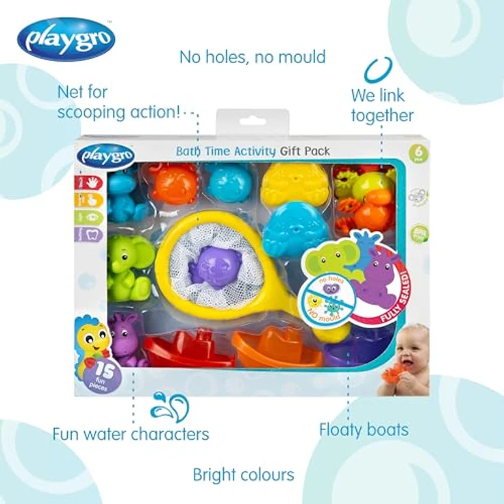 Playgro Bad Tijd Activiteiten Geschenkset, 15-teiliges Badespielzeug-Set für Babys, schimmelfrei und sicher – Bild 2