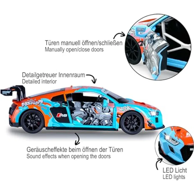Blau Audi R8 LMS Diecast 1:24, Modellauto inkl. Knopfzellen, blau – Bild 4