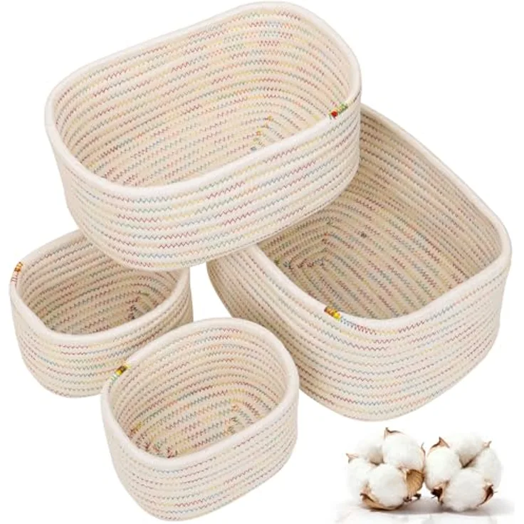 Withosent 4er Set Geflochtene Aufbewahrungskörbe aus Baumwollseil, stapelbare Organizer für Kinderzimmer, Wohnzimmer und Bad, in 3 Größen (32x23x14 cm, 29x20x12 cm, 18x13x10 cm)