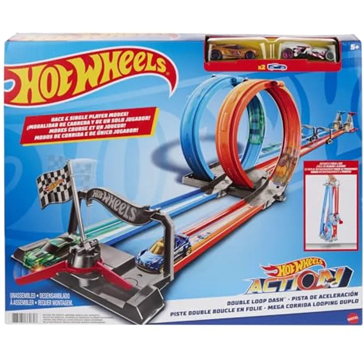 Hot Wheels Zweispurige Looping Rennstrecke GFH85, mit 2 Fahrzeuge im Maßstab 1:64, über 3,6 m Länge, ideal für Kinder von 5 bis 10 Jahren
