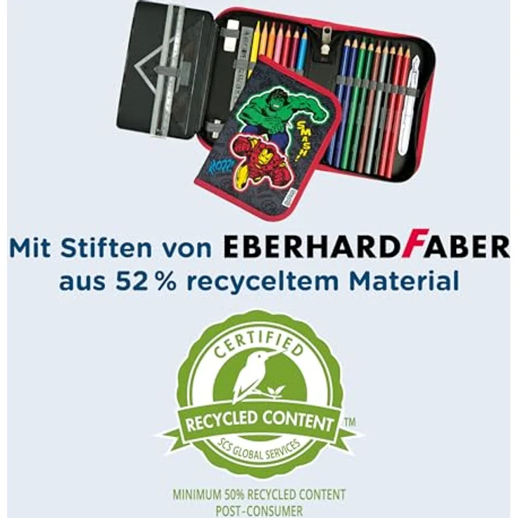 Scooli Gefülltes Schüleretui Avengers, Federmäppchen mit 14 Buntstiften, 2 Bleistiften, Lineal und Zubehör, robuster Materialmix, ideal für Schule und Freizeit, ab 6 Jahren – Bild 4