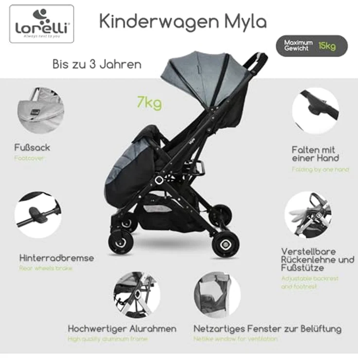 Lorelli Kinder-Buggy Kinderwagen Myla, Aluminiumrahmen Korb Fußsack klappbar mit Zusatzgriff, Grau - Preisvergleich – Bild 2