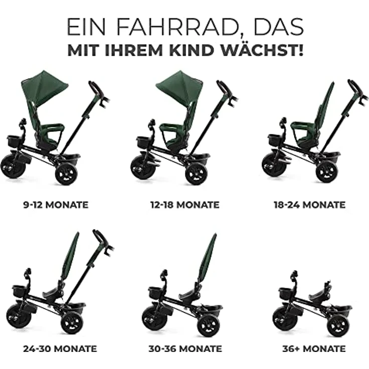 kk Kinderkraft Kinderkraft AVEO Dreirad ab 9 Monate bis 25 kg, Grün - Dreirad mit schubstange, Kompakte zusammenklappen, drehbarer Sitz, ausklappbares Verdeck mit sonnenschutz, Getränkehalter korb im set – Bild 2