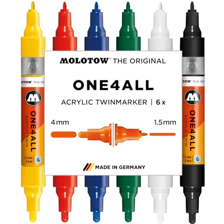 MOLOTOW Acrylmarker One4All Twin Basic Set 1, nachfüllbar, wasserfest, sortierte Farben, Rundspitze, 6er Etui – Bild 1