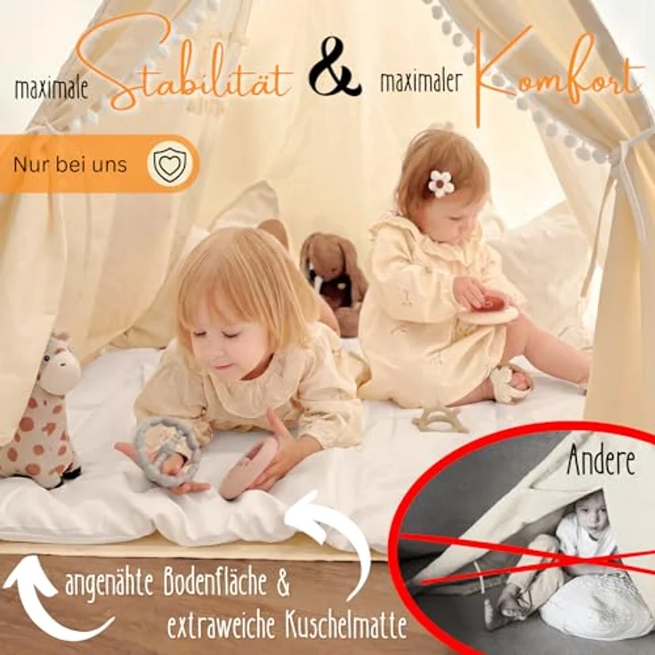 LIONHERZ® DAS ORIGINAL Tipi Zelt für Kinder, 100% Baumwolle, inkl. Matte, Stabilisator, Wimpelkette & 2 Kissen, stabil und vielseitig, ideal für Indoor und Outdoor Spielen – Bild 5