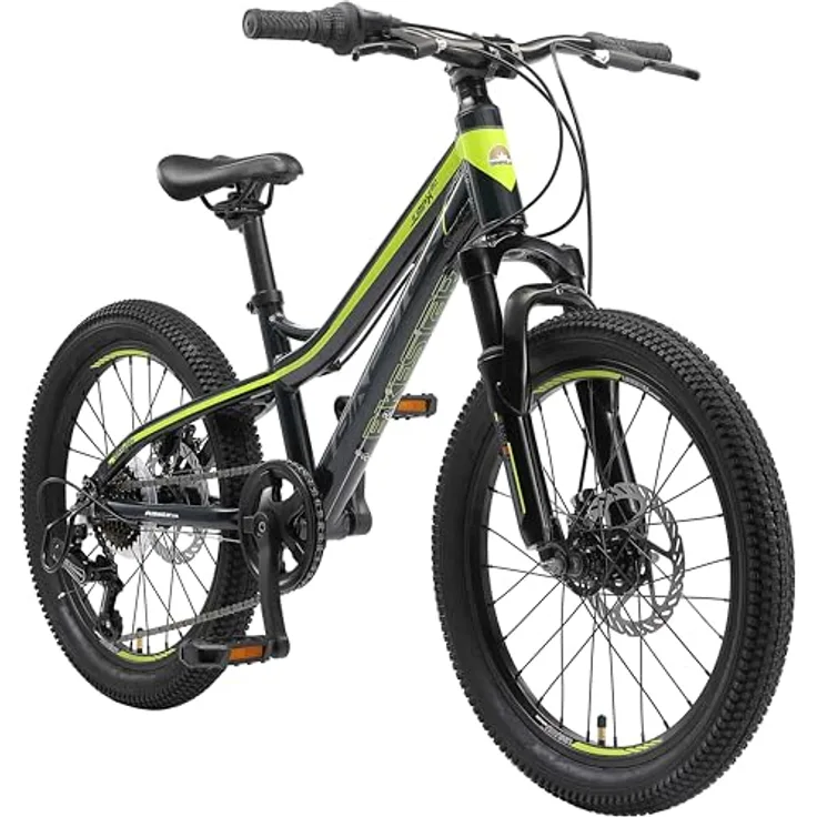 BIKESTAR Alu Mountainbike Jugendfahrrad 20 Zoll ab 6-9 Jahre Hardtail | 7 Gang Shimano Schaltung, Scheibenbremse, Federgabel | Kinder Fahrrad Schwarz Grün | Risikofrei Testen