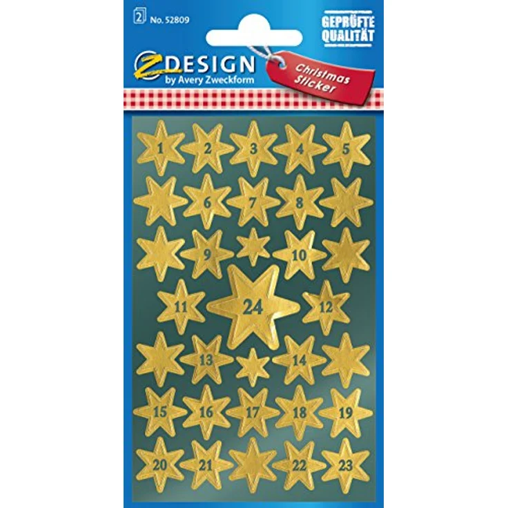 AVERY Zweckform 66 Aufkleber Weihnachten Sterne gold Glanzpapier (Made in Germany, Weihnachtskalender, selbstklebende Weihnachtsdeko, Zahlen 1-24) – Bild 2