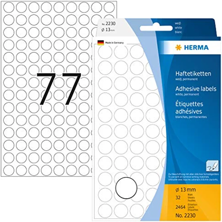 HERMA 2230 Punktaufkleber Klebepunkte weiß, 32 Blatt, Ø 13 mm, 77 pro Bogen, 2464 Aufkleber, selbstklebend, Markierungspunkte zum Beschriften, runde Farbpunkte aus Papier, blanko – Bild 1