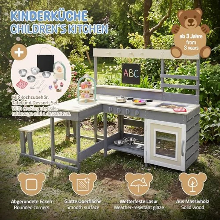 Joyz Kinderküche Kinderküche aus massivem Tannenholz, Spielküche mit Tisch, Sitzbank, wetterfestem Zubehör und herausnehmbarer Spüle, für drinnen und geschützten Außenbereich, ab 3 Jahren, in Grau, Beige und Lila – Bild 2