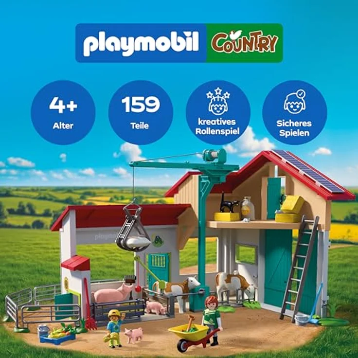Playmobil Country - Großer Bauernhof mit funktionierendem Ladekran, Tierställen und beweglichen Tieren – Bild 2