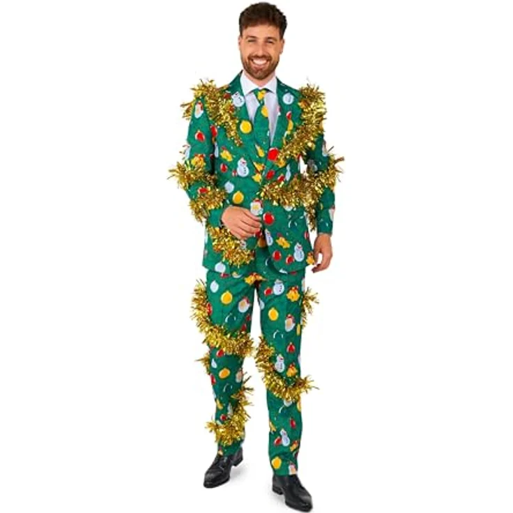 Suitmeister Weihnachtsbaum (M), Kostüm Anzug in Grün mit goldenen Lametta-Details, inkl. Jacke, Hose und Krawatte – Bild 1