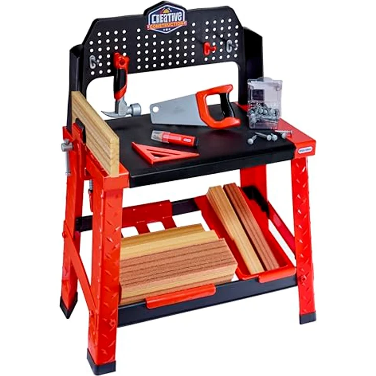 Little Tikes® Spielwerkbank Creative Construction, Kinderwerkbank mit robustem Zubehör und 30 Nägeln in Holzoptik – Bild 4