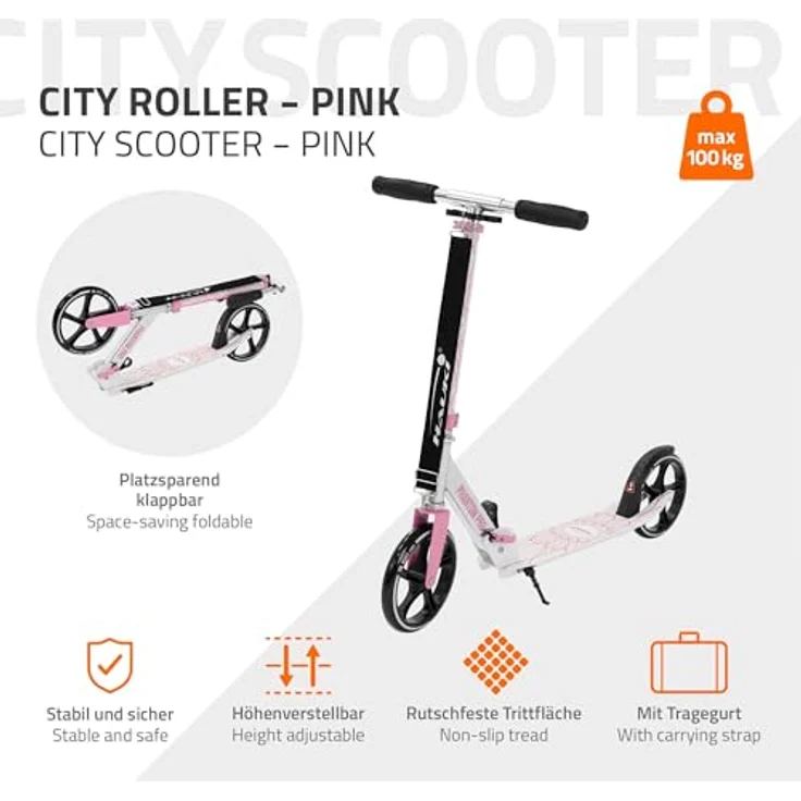 Hauki Cityroller Scooter Rosa, klappbar & höhenverstellbar, XXL-Räder, Tritt-Bremse, für Kinder & Erwachsene bis 100 kg – Bild 2