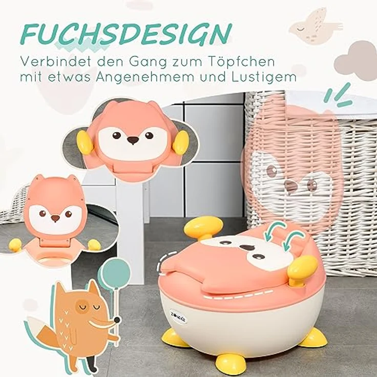 ZONEKIZ Toilettentrainer Kindertoilette Fuchs-Design, ergonomische Rückenlehne, Spritzschutz, herausnehmbarer Innentopf, für Kleinkinder von 6 Monaten bis 3 Jahre, rosa/weiß/gelb – Bild 4