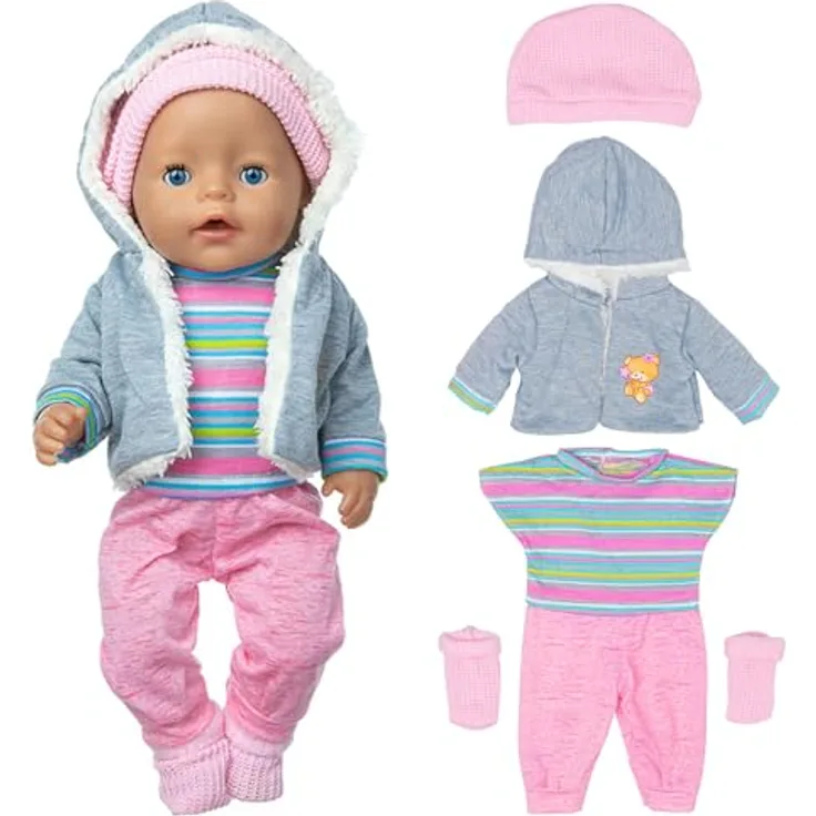 Kisvic Puppenkleidung Set für Baby Puppen 36-43 cm, inklusive Mantel, Bluse, Hose, Hut und Socken, aus hochwertigen Materialien, ideal als Geschenk für Mädchen