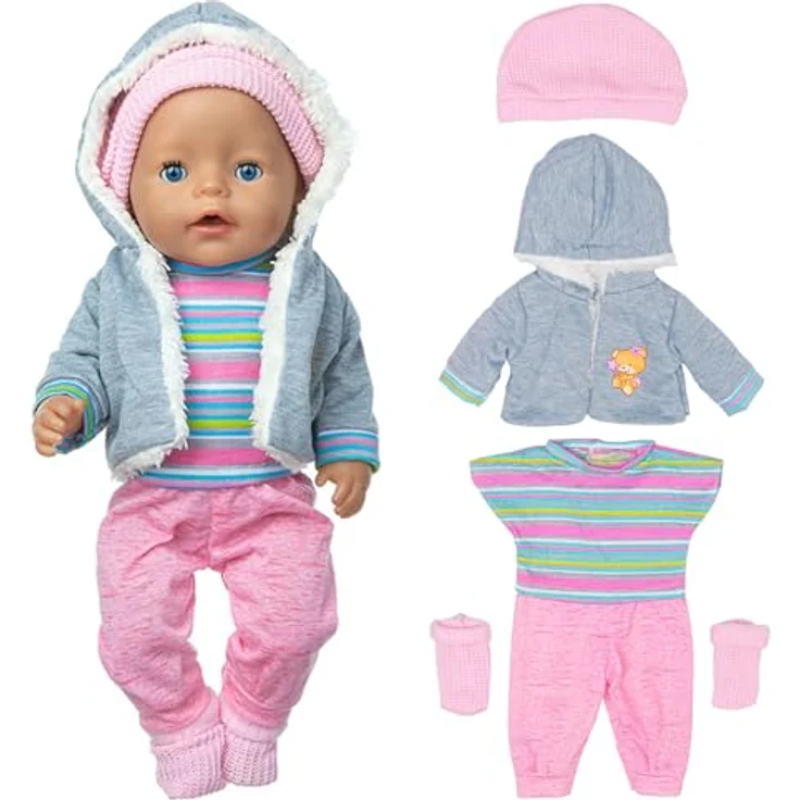 Kisvic Puppenkleidung Set für Baby Puppen 36-43 cm, inklusive Mantel, Bluse, Hose, Hut und Socken, aus hochwertigen Materialien, ideal als Geschenk für Mädchen – Bild 1