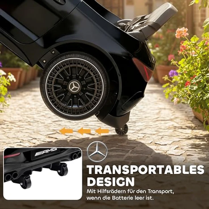 AIYAPLAY Kinder Elektroauto Mercedes-AMG, 12V mit 2,4 GHz Fernbedienung, 2 Motoren, Musik, MP3, sanftem Start/Stopp, Federung, LED-Beleuchtung, Hilfsräder für 3-6 Jahre, Schwarz – Bild 5