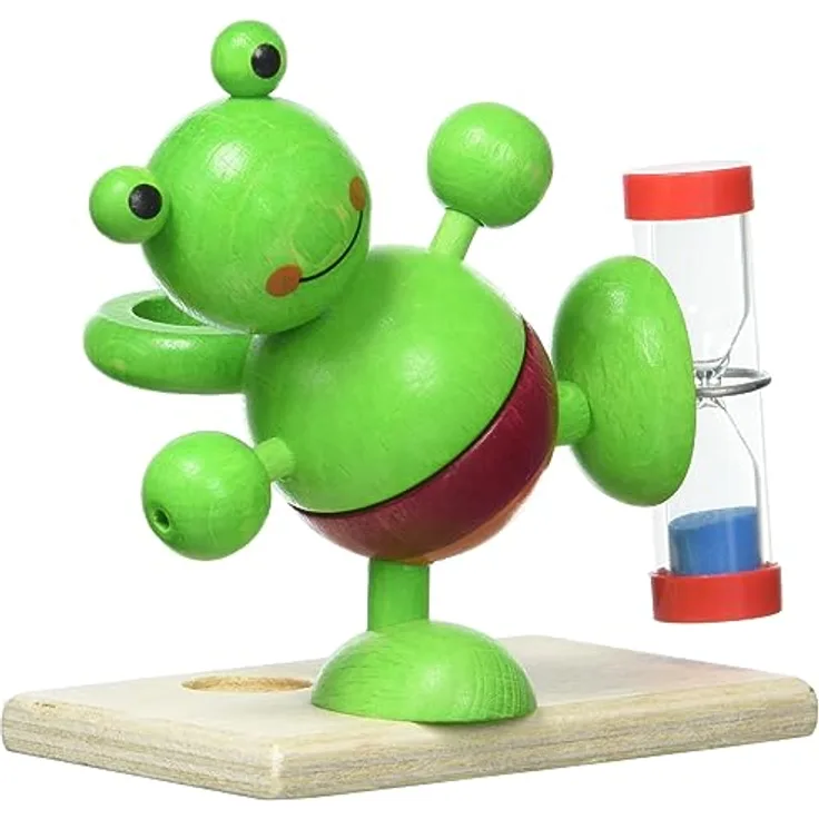 Hess Holzspielzeug 14520 - Zahnputzuhr aus Holz für Kinder, Serie Frosch, inkl. Zahnbürstenhalter und drehbarer Sanduhr, handgefertigt, zur täglichen Nutzung beim Zähneputzen